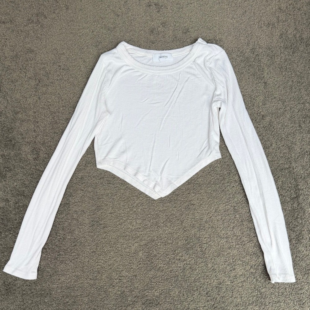 Hashtag In Trend Womens White Ribbed Knit Handkerchief Hem Long Sleeve Top M